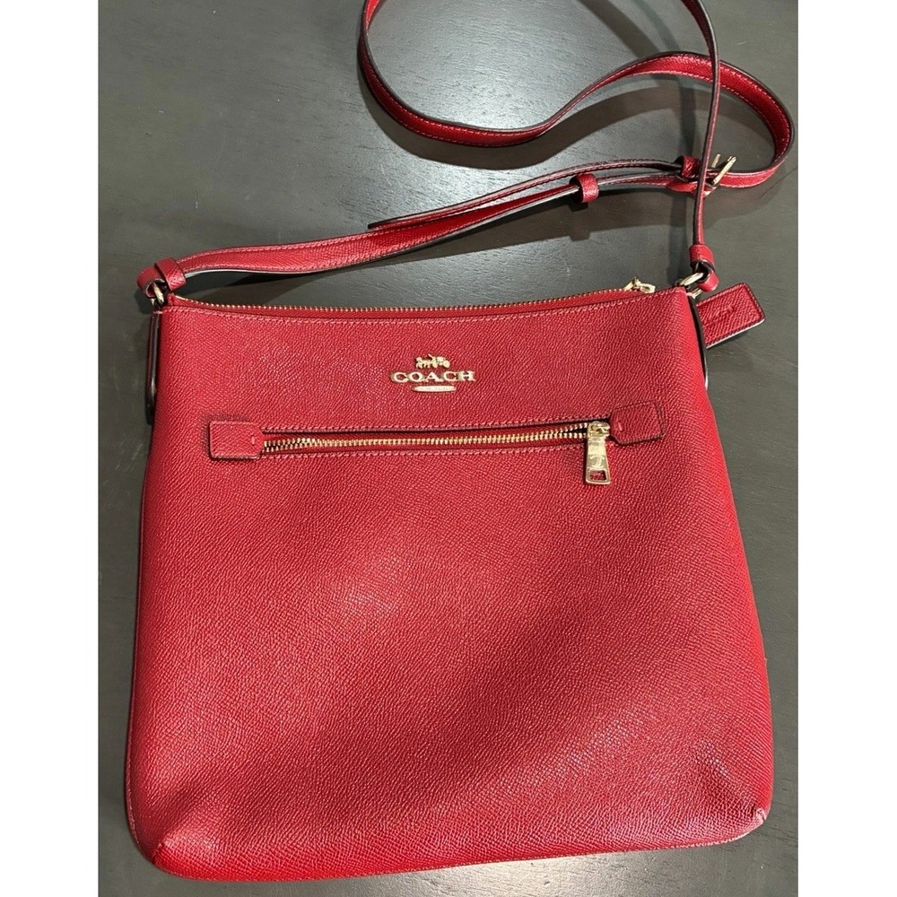 Coach Red Pebbled Rowan Crossbody Bag Zip Top Pockets Adjustable Strap c1556